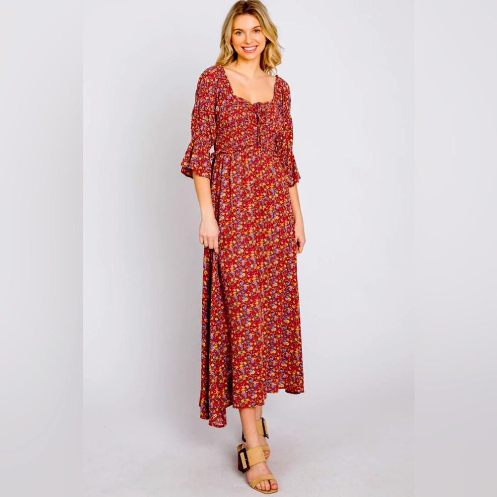 Shop Neighbor- Red Floral Smocked 3/4 Sleeve Maxi Dress. Size M - Picture 2 of 11